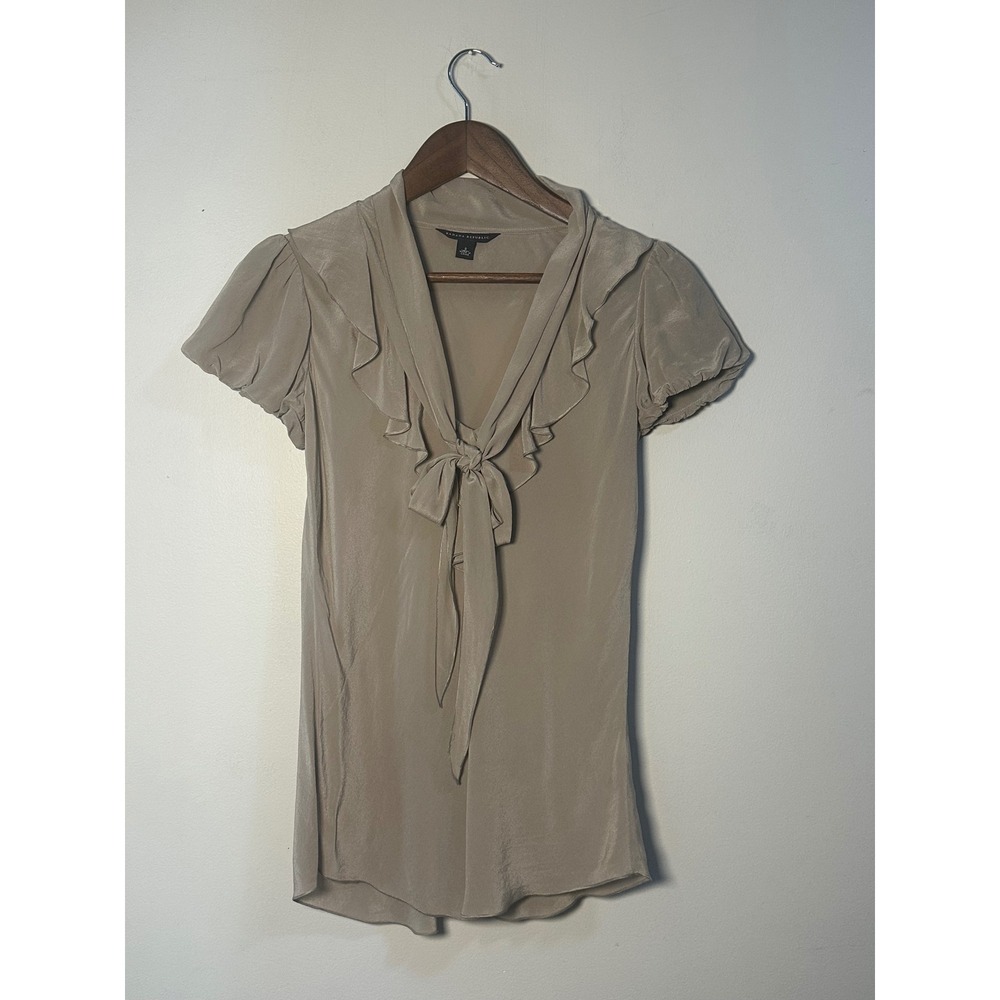 Banana Republic 100% Silk Ruffle Tie Neck Blouse Champagne Taupe Small